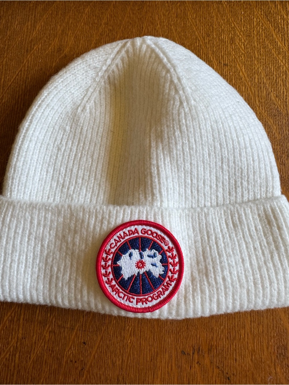 Canada Goose Kids White Rib-Knit Beanie with Red & Navy Patch